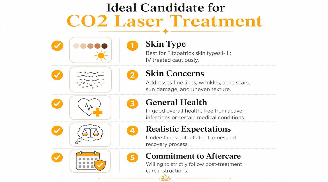 An infographic detailing five key criteria for determining if someone is an ideal candidate for CO2 laser treatment.