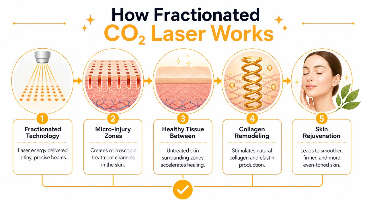 An infographic showing the five-step process of how fractionated CO2 laser treatment rejuvenates the skin surface.