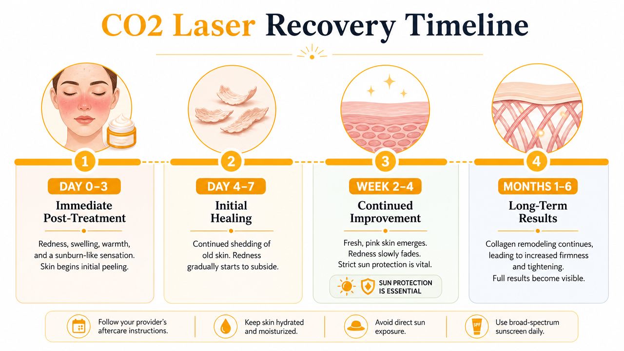 A four-stage timeline infographic illustrating the healing process of skin after a CO2 laser treatment.