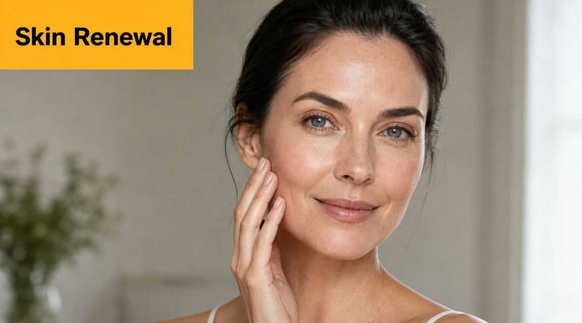 A woman with glowing skin gently touching her cheek, highlighting facial rejuvenation and skin renewal results.
