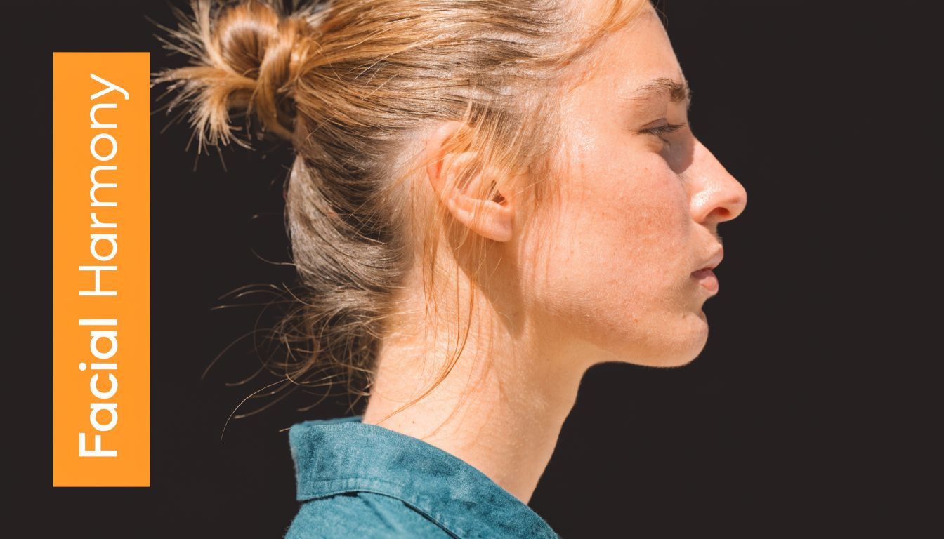 A profile view of a woman with her hair in a bun against a dark background.