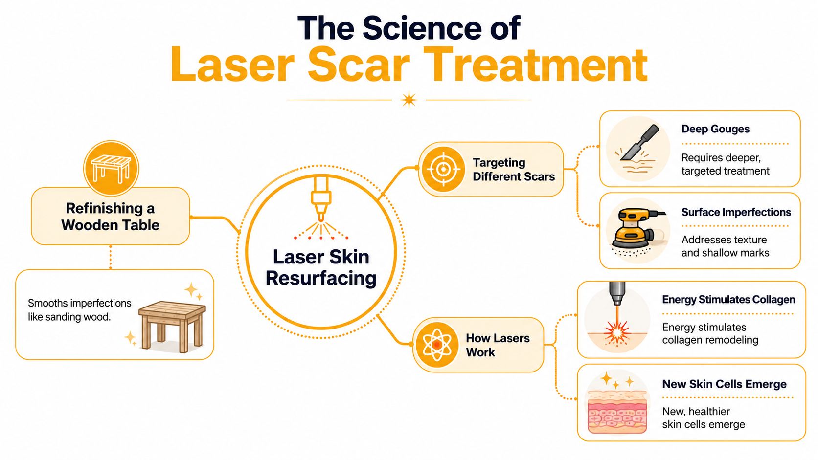 An infographic explaining how laser skin resurfacing treats scars, comparing the process to sanding a wooden table.