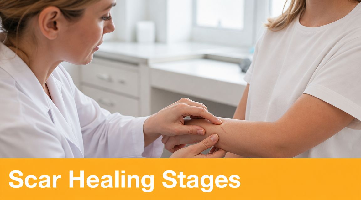 A professional doctor examines a scar on a patient's arm during a consultation in a medical clinic.