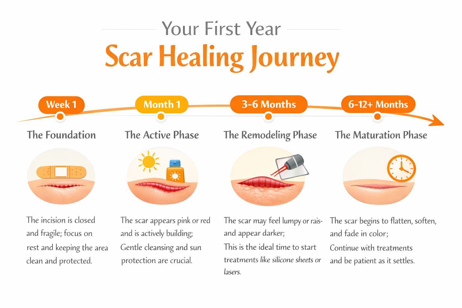 A timeline graphic showing the four stages of cosmetic surgery scar healing over one year.