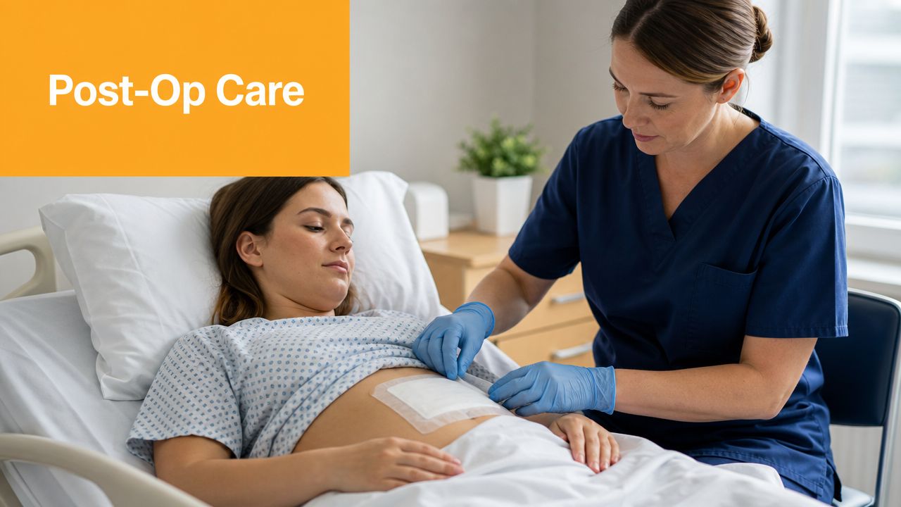 A female nurse wearing blue scrubs and gloves tends to a surgical dressing on a patient's abdomen.