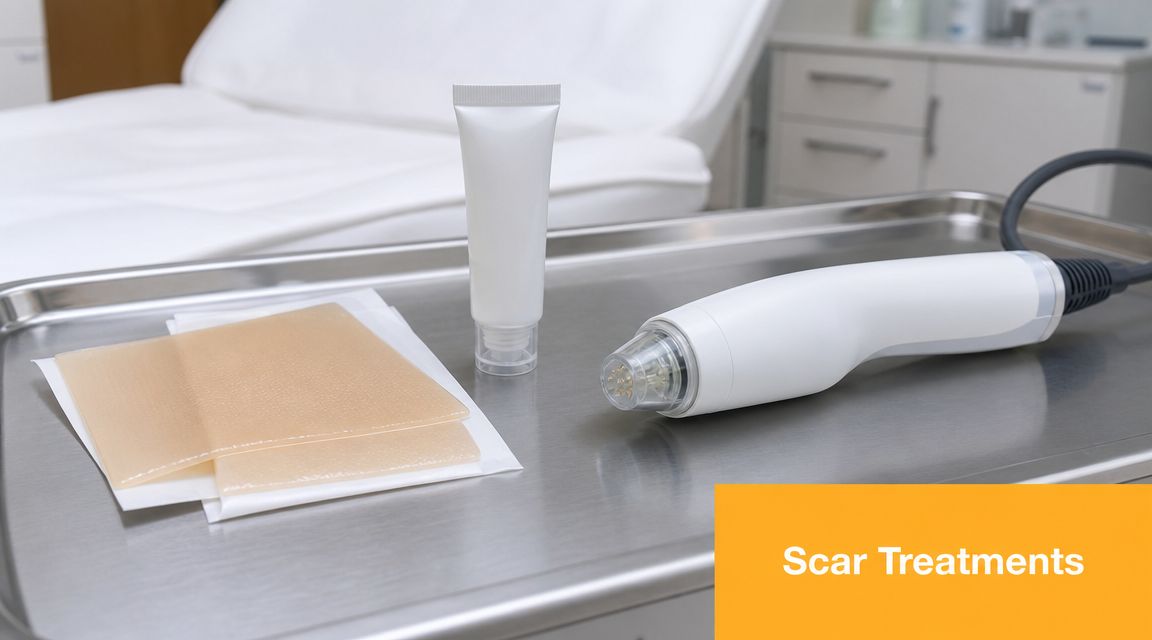 Medical equipment for cosmetic scar treatments including a microneedling device, skincare cream, and adhesive bandages.
