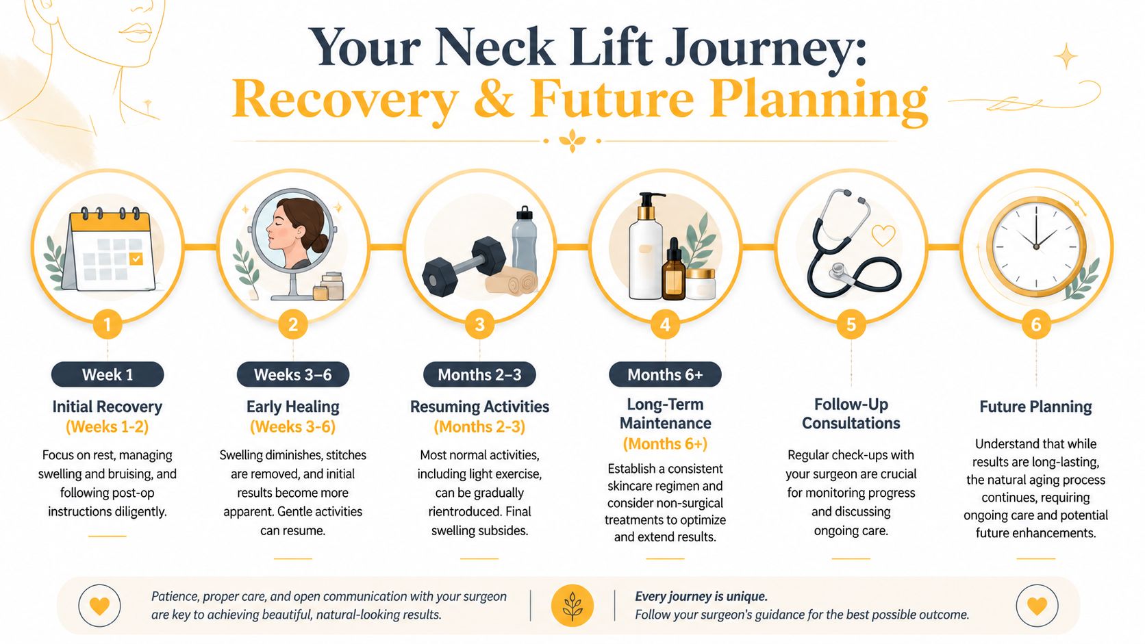 A step-by-step infographic showing the six stages of neck lift recovery and long-term planning.
