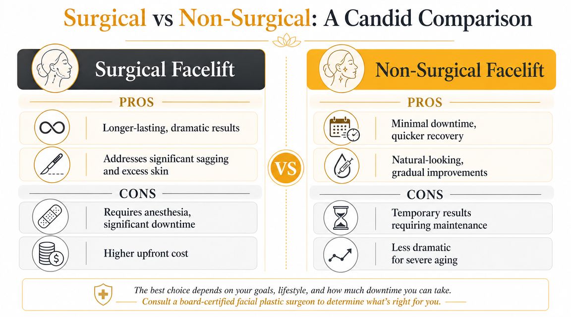 A comparison chart outlining the pros and cons of surgical versus non-surgical facelift procedures for patients.