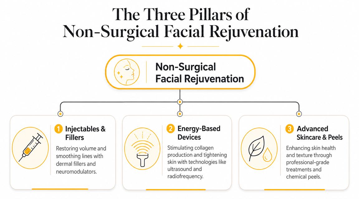A diagram outlining the three pillars of non-surgical facial rejuvenation: injectables, energy-based devices, and advanced skincare.