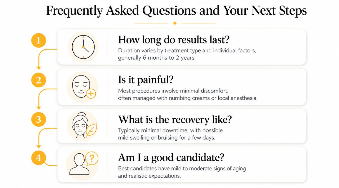 An infographic titled Frequently Asked Questions and Your Next Steps covering aesthetic treatment information and recovery.