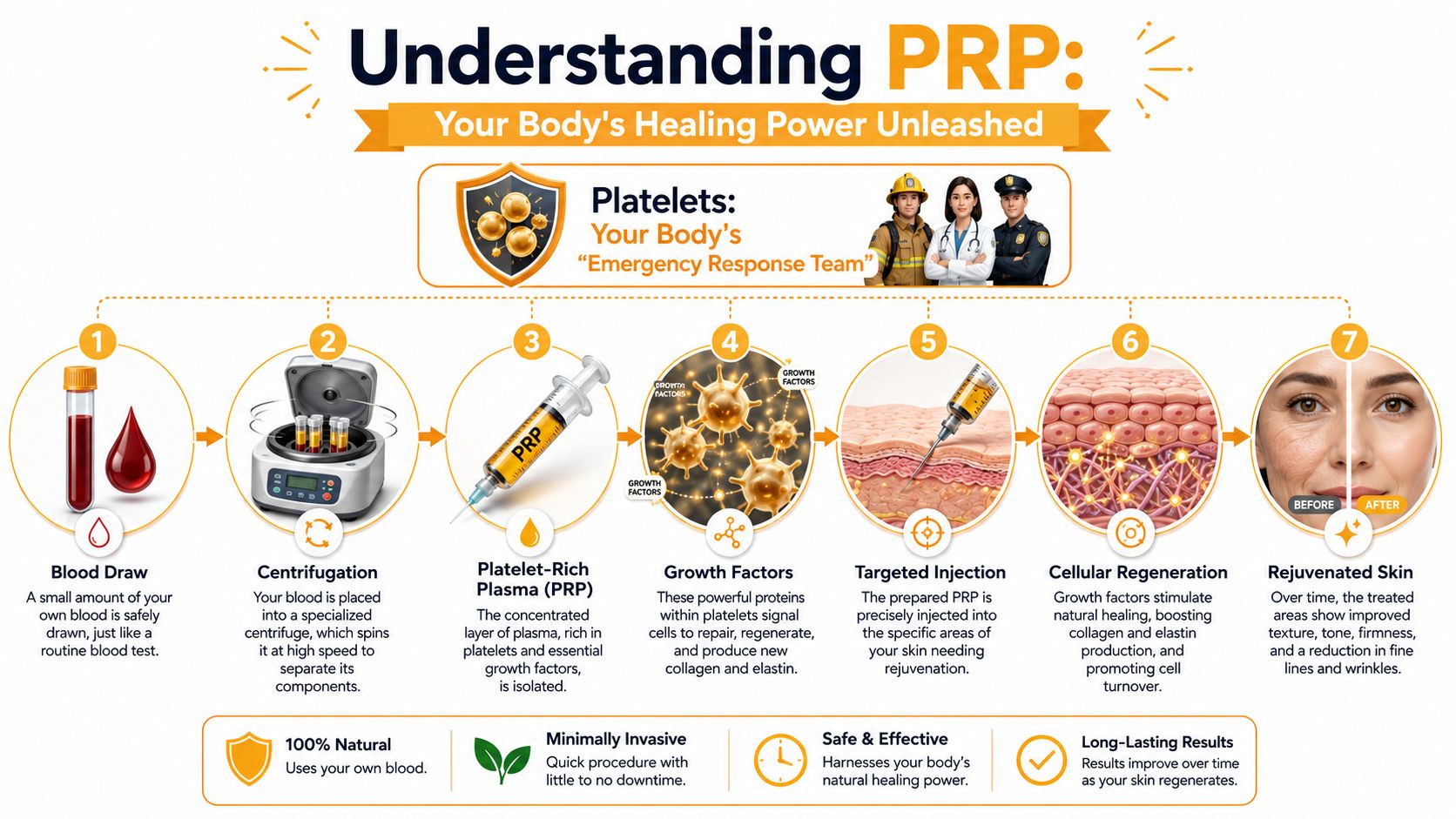 An infographic illustrating the seven-step process of platelet-rich plasma (PRP) injection therapy for skin rejuvenation.