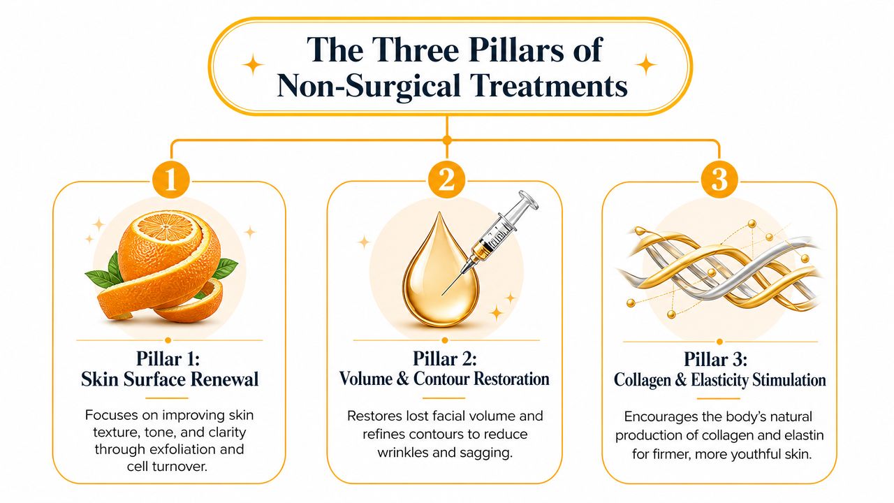 A diagram illustrating the three pillars of non-surgical skin rejuvenation treatments with icons and descriptions.