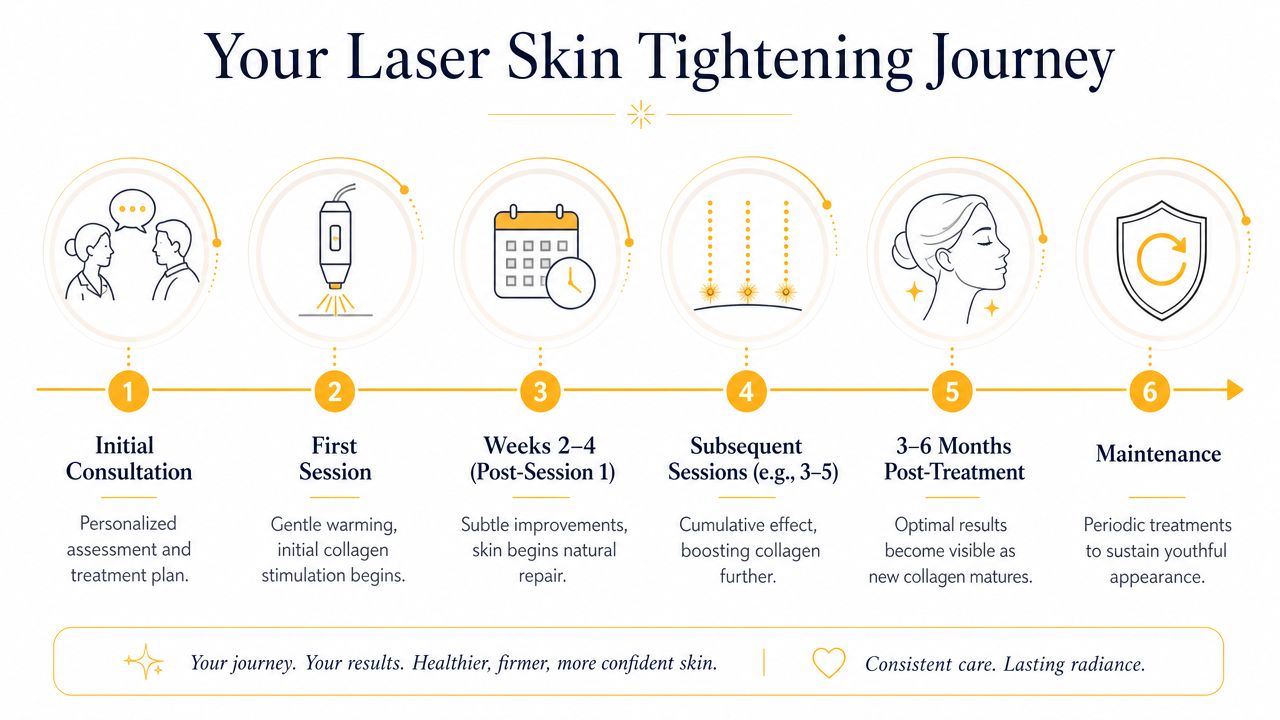 A step-by-step infographic illustrating the professional laser skin tightening treatment journey from initial consultation to maintenance.