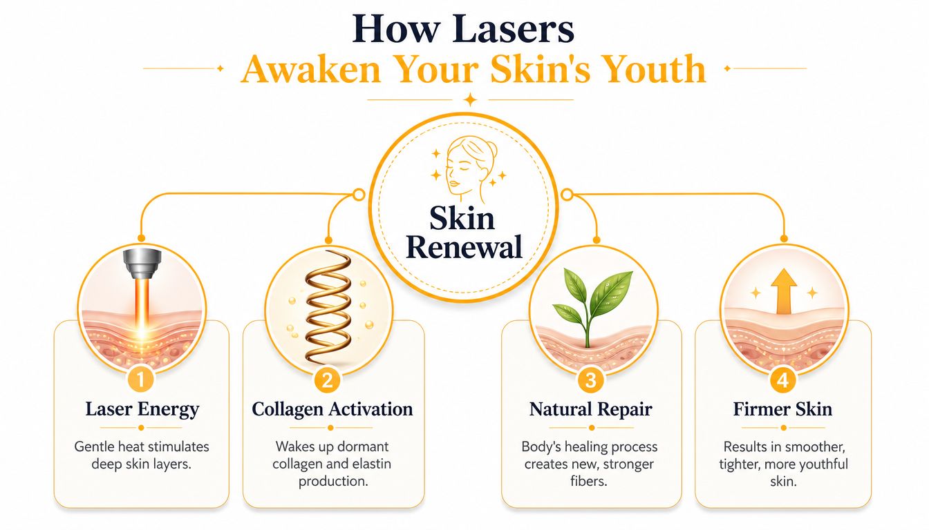 An infographic showing the four stages of how laser skin tightening treatments stimulate collagen for rejuvenation.