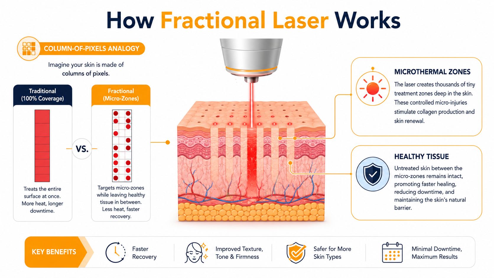 An infographic illustrating how fractional laser treatment works by creating micro-thermal zones in the skin for rejuvenation.