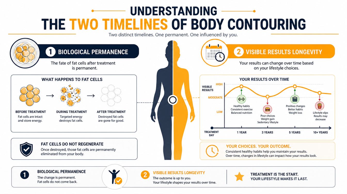 An infographic explaining that while body contouring permanently removes fat cells, long-term results depend on lifestyle choices.