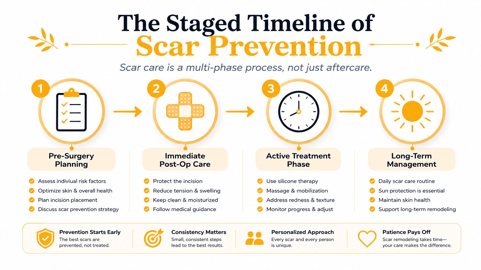 A four-step infographic illustrating the staged timeline of scar prevention from pre-surgery planning to long-term management.
