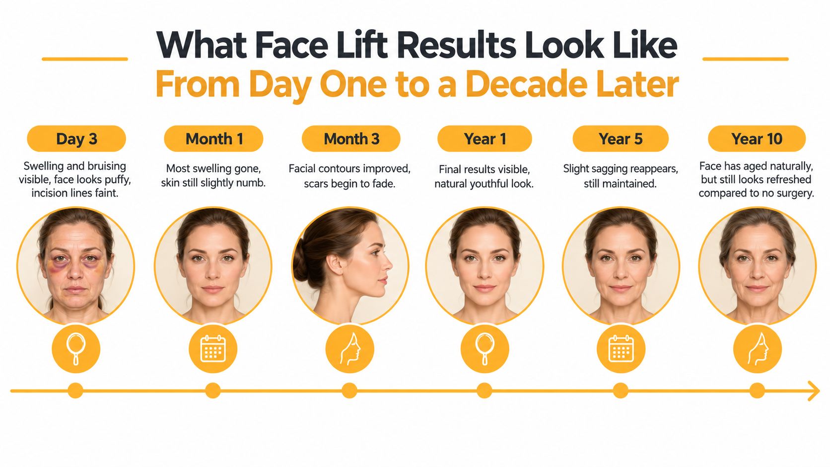 A timeline graphic showing the progression of face lift recovery results from day three to ten years.