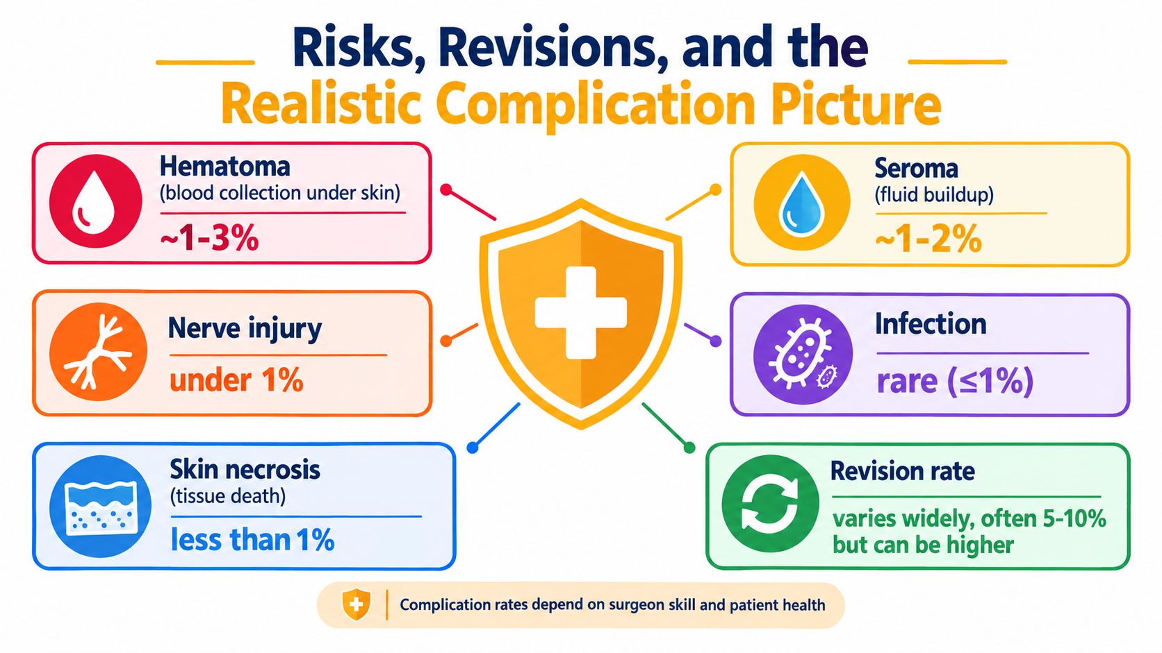 An infographic showing common surgical risks, complications, and revision rates with their approximate percentages displayed clearly.