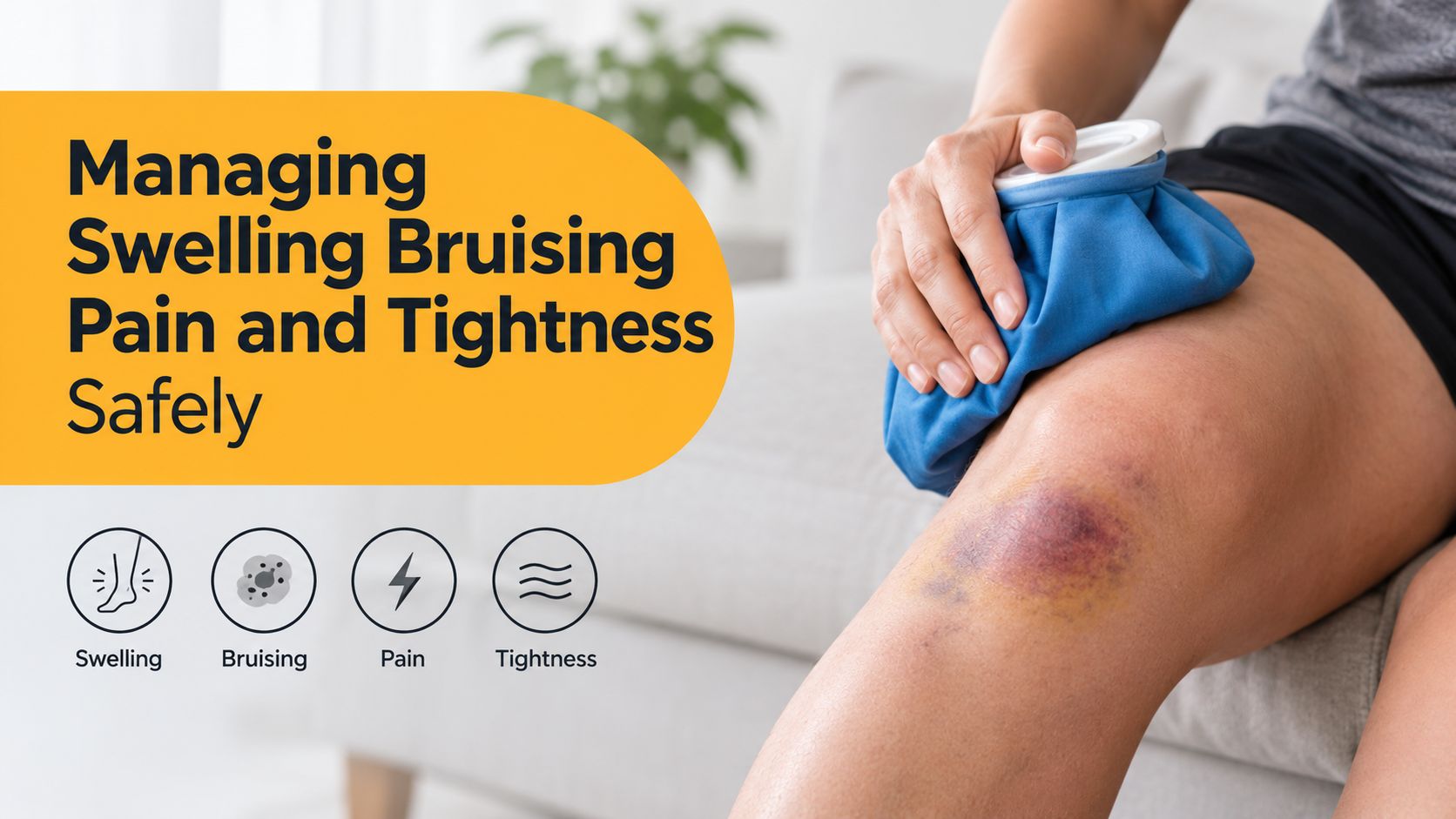 A person applying a blue ice pack to a bruised and swollen knee to manage recovery pain.