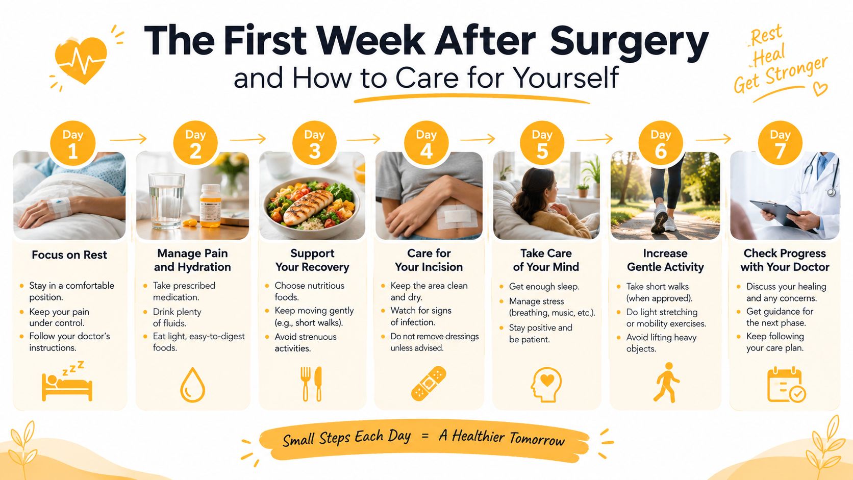 An infographic titled The First Week After Surgery detailing daily care steps for post-operative recovery and healing.