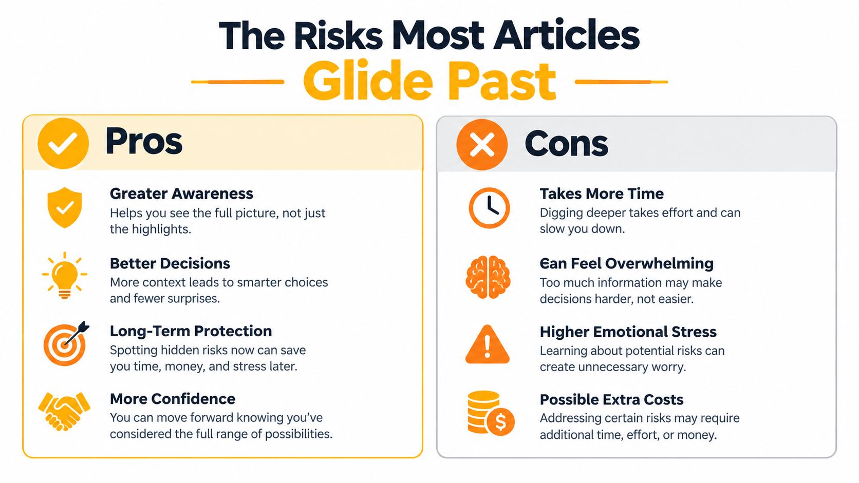 A comparison chart outlining the pros and cons of considering hidden risks in decision-making processes.