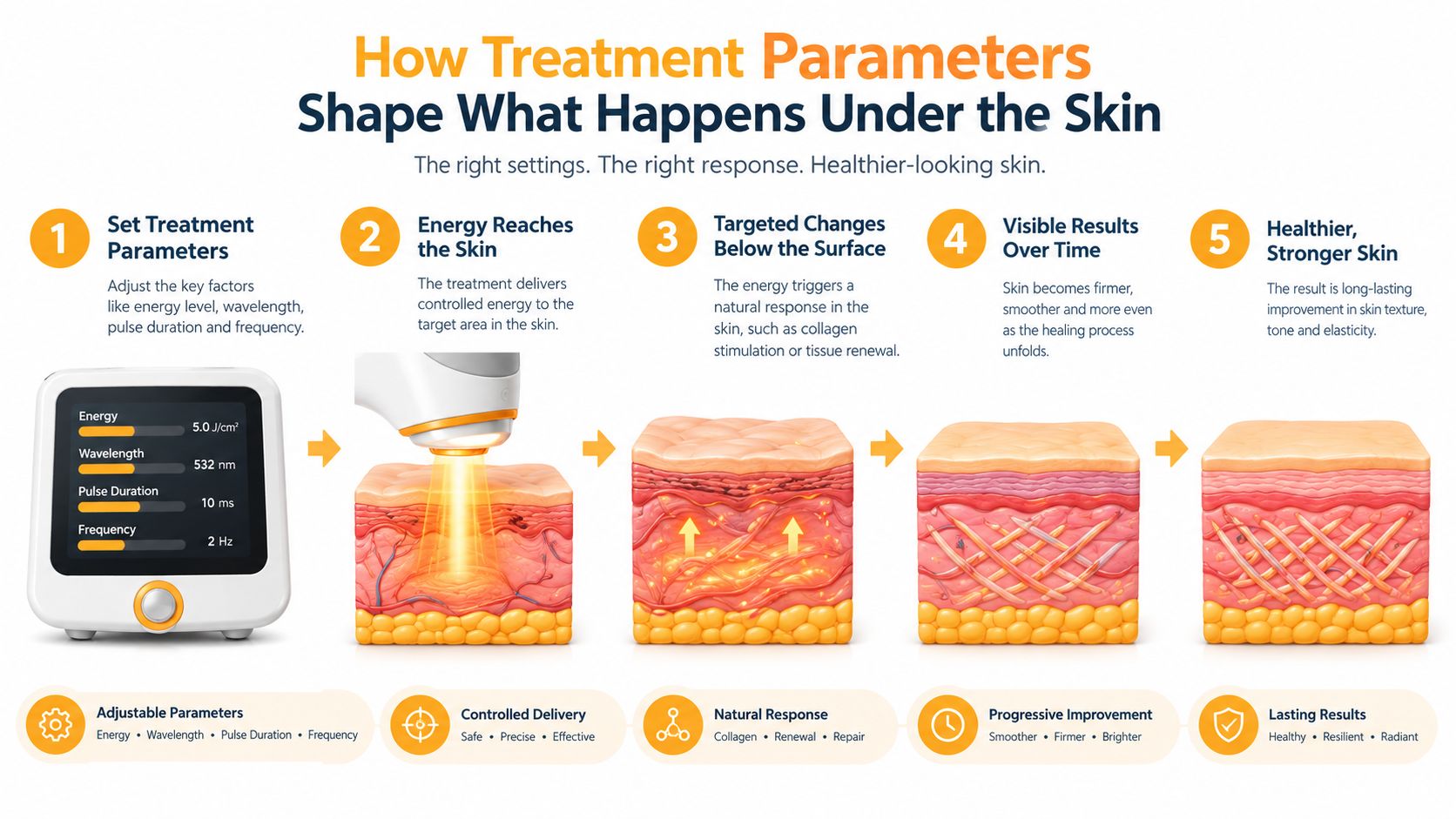 A diagram illustrating how medical treatment parameters like energy and wavelength improve skin health over time.