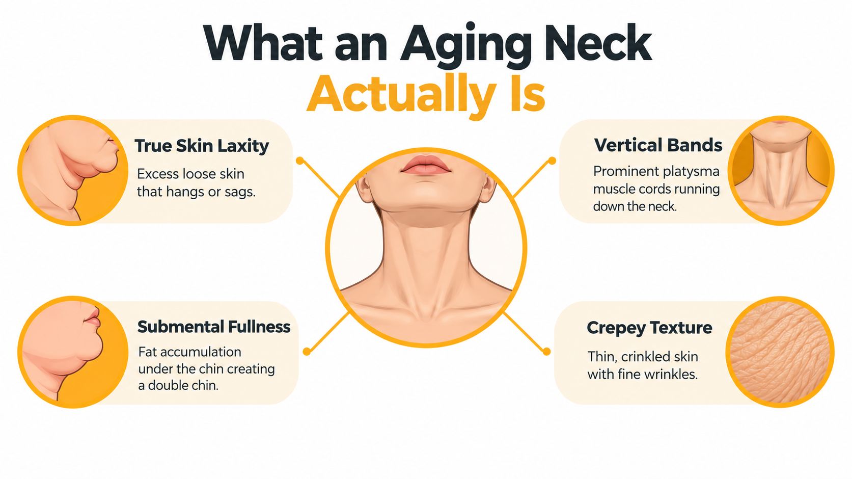 An educational graphic titled What an Aging Neck Actually Is, illustrating four key signs of neck skin aging.