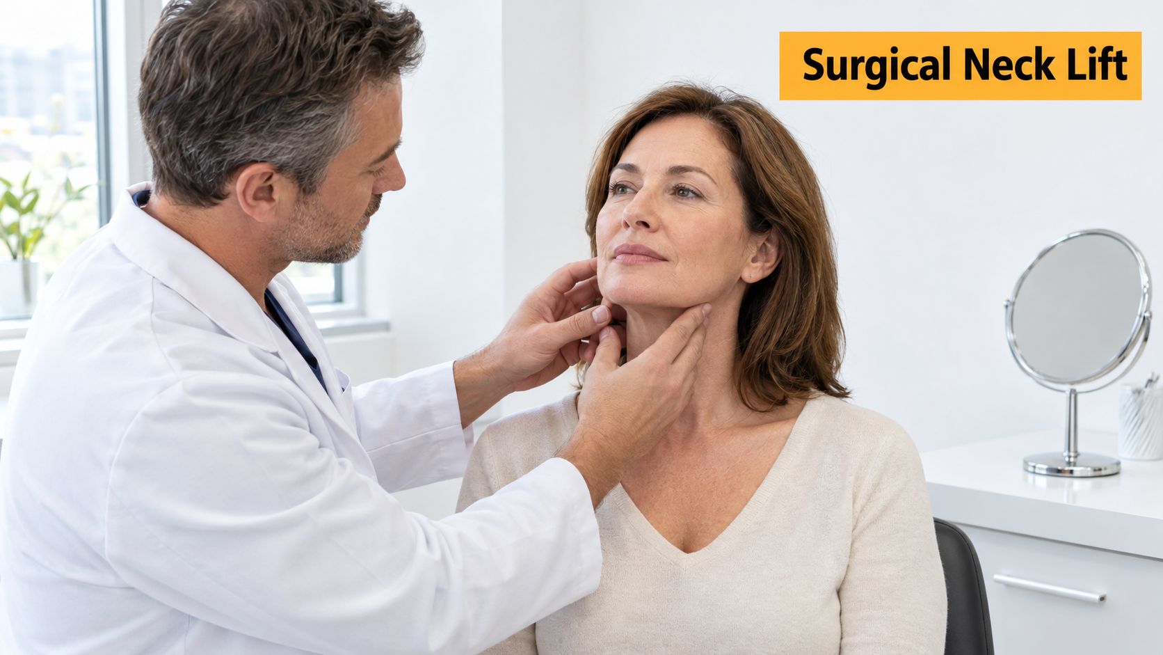 A professional doctor performing a medical examination on a woman's neck for a surgical neck lift procedure.