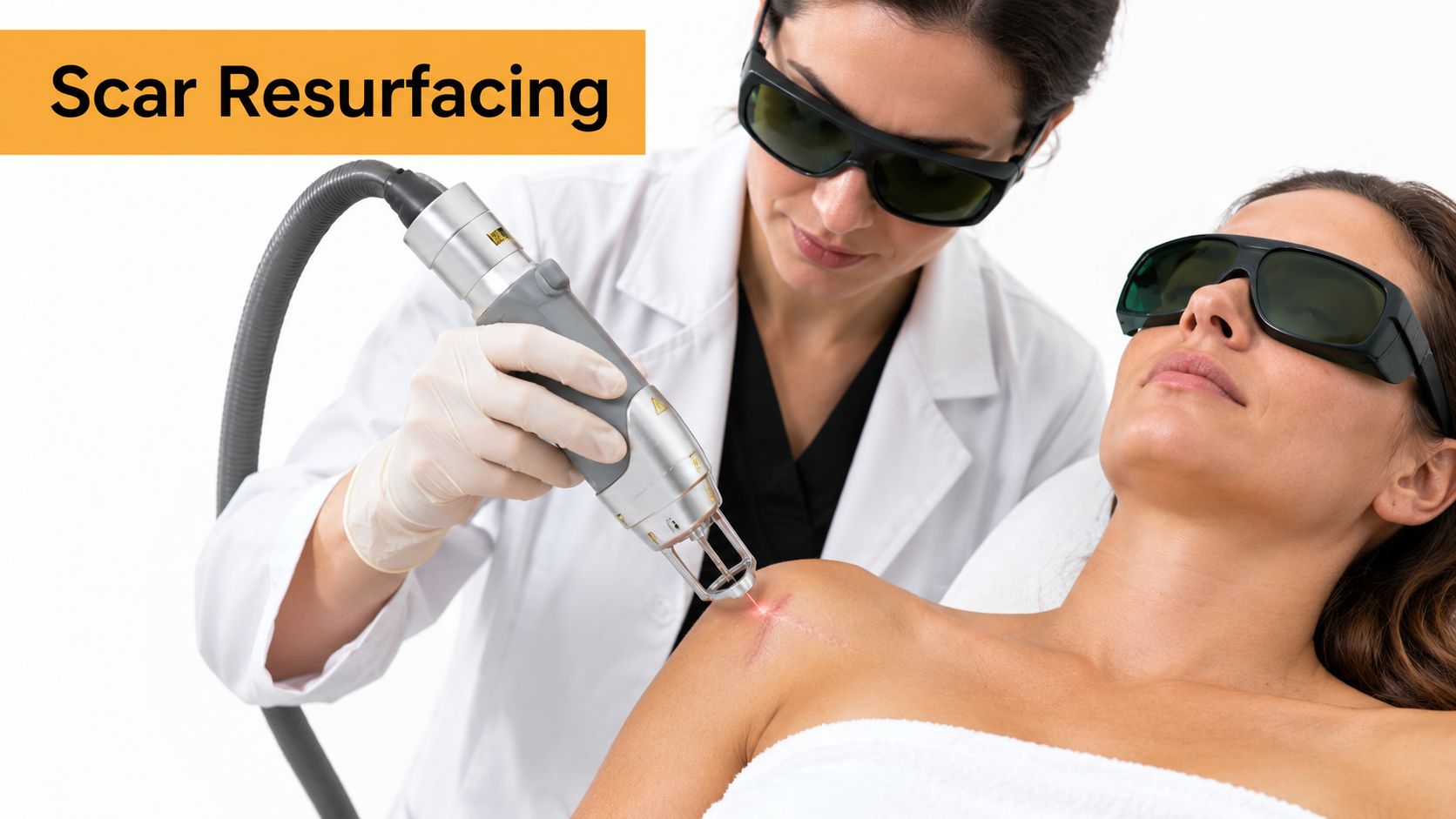 A professional clinician using a laser device to treat a surgical scar on a patient's shoulder.