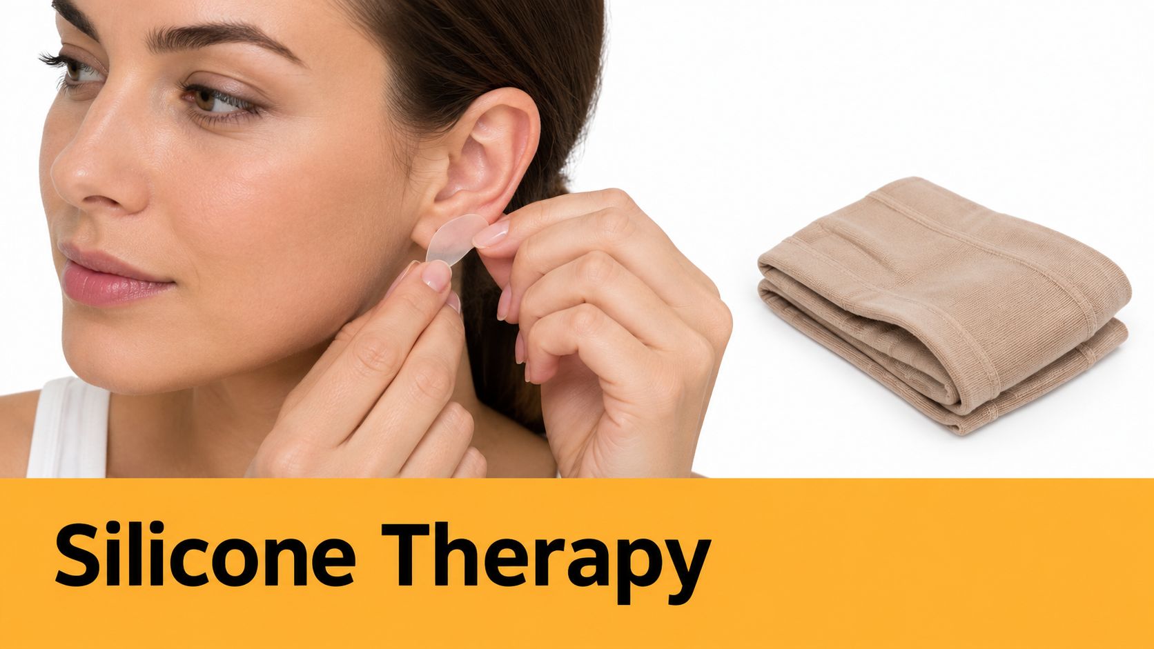 A woman applying a small transparent silicone disc to her earlobe to treat or prevent keloid scarring.