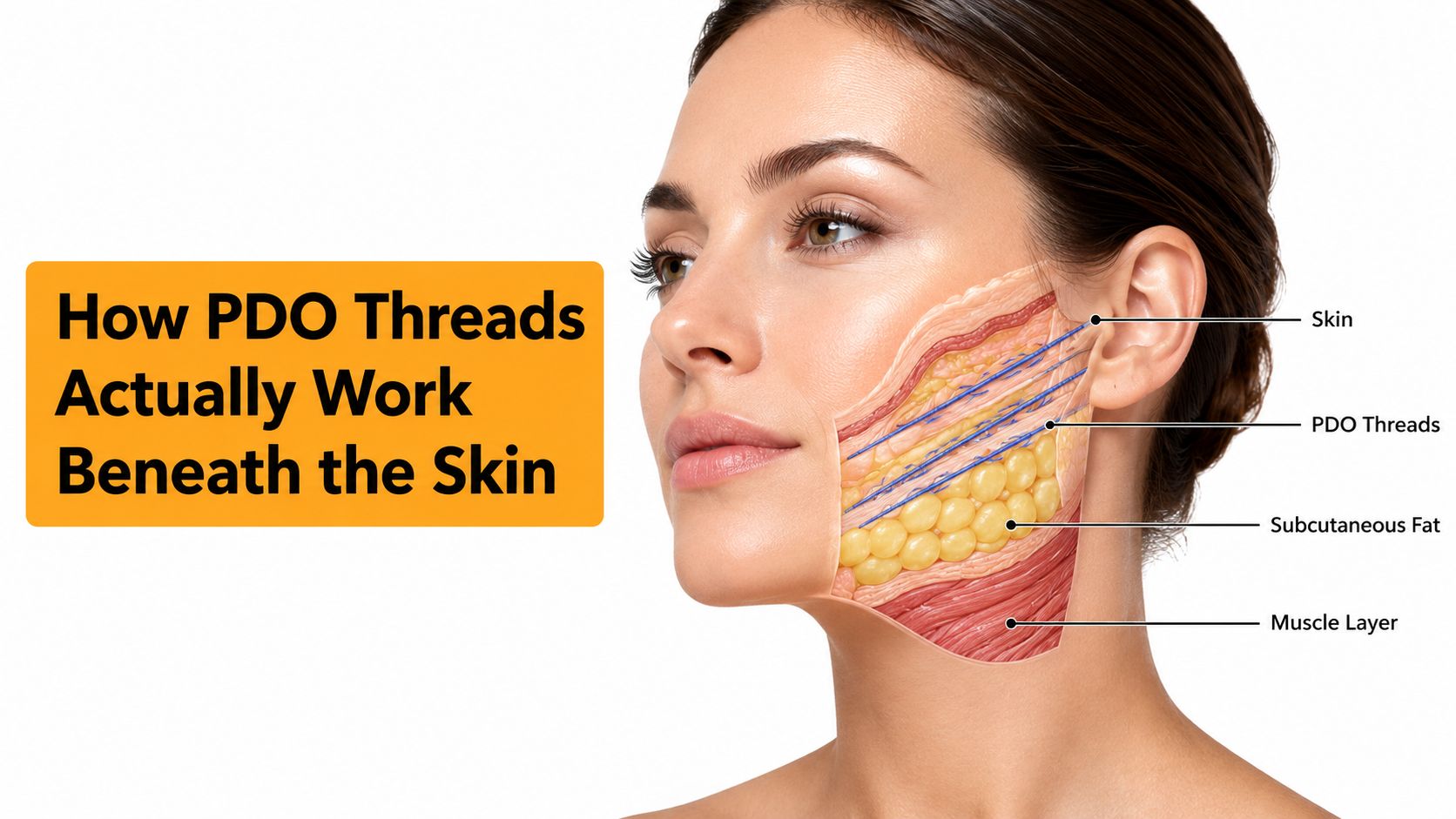 A diagram illustrating how PDO threads are inserted beneath the skin layers for a facial lift procedure.