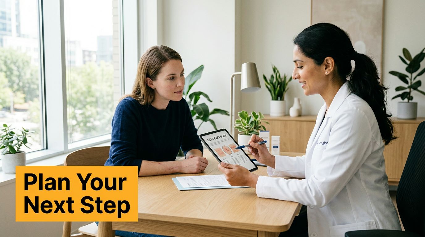 A dermatologist discusses a scar treatment plan with a patient during a medical consultation in an office.