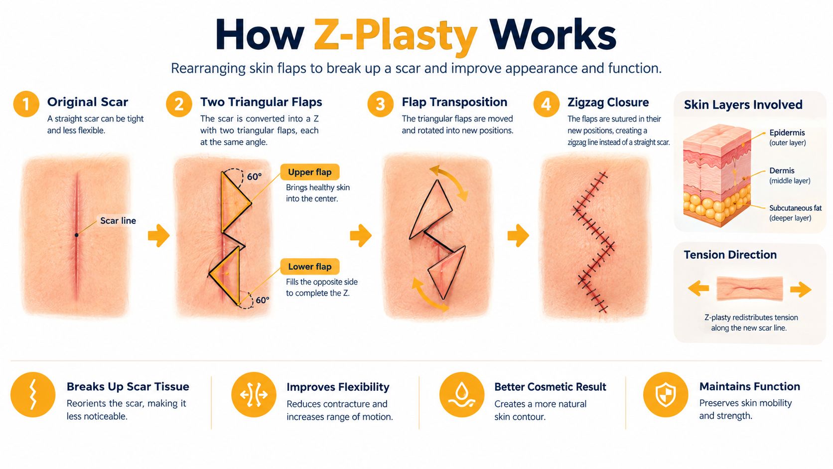A medical infographic showing the four steps of the Z-plasty surgical procedure for effective scar revision.