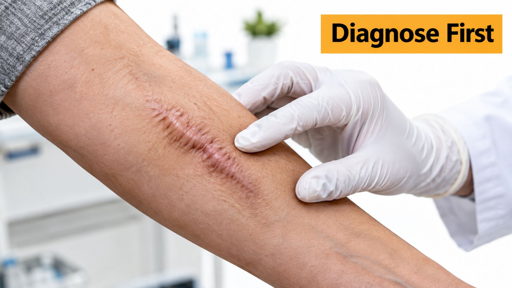 A doctor in a white glove examining a prominent surgical scar on a patient's arm for treatment.